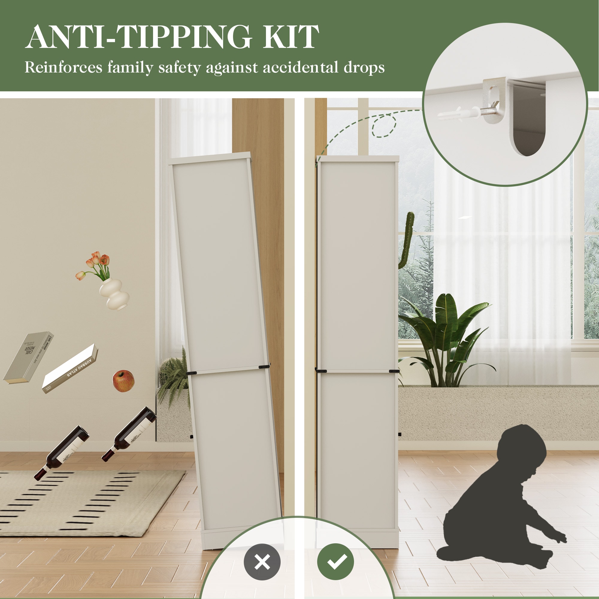 75'' Tall Storage Cabinet With LED Light, Farmhouse Pantry Cabinet With Tempered Glass Adjustable Shelves & Wine Storage Rack, Freestanding Linen Tower For Bathroom, Living Room, Kitchen, White_voghion.com